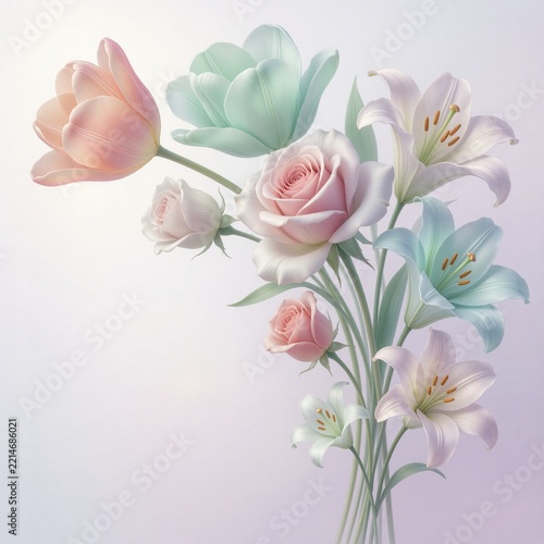 Detailed digital illustration of an elegant floral arrangement featuring tulips, roses, and lilies in pastel shades with gold crystals.