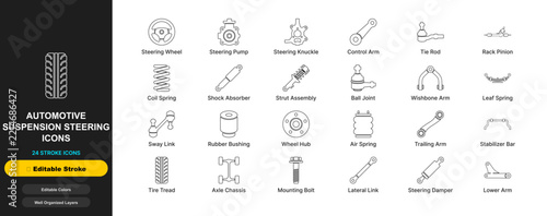 Automotive suspension steering line icon set with editable stroke. Steering wheel, steering pump, shock absorber, control arm, coil spring, strut assembly for web ui design.
