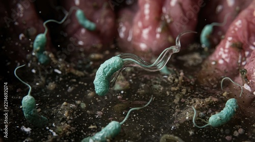 Flagellar motility of helicobacter pylori bacterium, swimming through gastric mucosal fluid, penetrating epithelial tissue lining to colonize stomach mucosa during infection.
