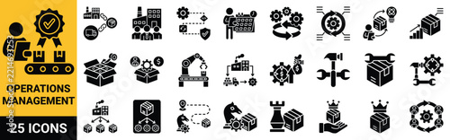 Operations management icon set in solid style, including value, package, product, production, factory, industry, industrial, delivery, distribution, inventory, logistics, management, supply chain
