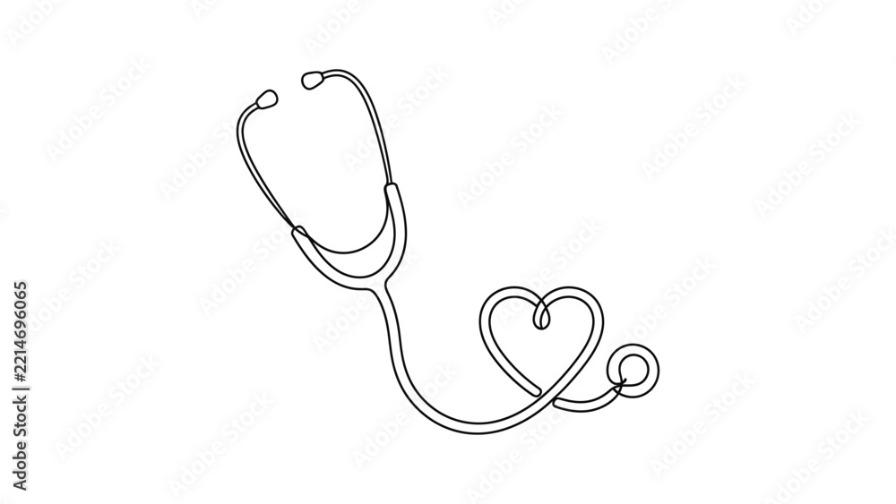 Obraz premium A continuous line drawing of a medical stethoscope forming a heart shape.
