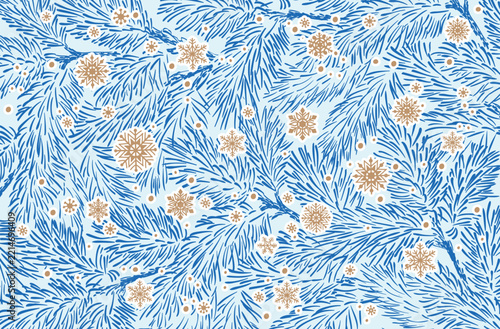Winter holidays background with pine branches and snowflakes. Winter card design.	