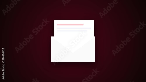 White envelope opens to reveal a letter on dark red backdrop