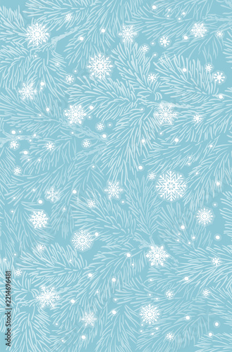 Winter vertical holidays background with pine branches and snowflakes. Winter card design.	