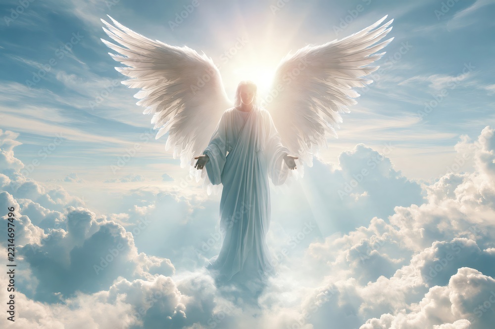 Fototapeta premium Angel standing in heavenly clouds with bright light