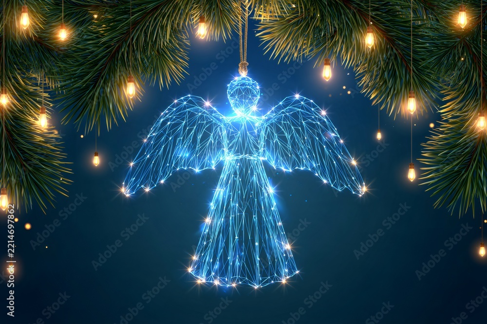 Fototapeta premium Glowing digital angel christmas ornament with pine branch lights