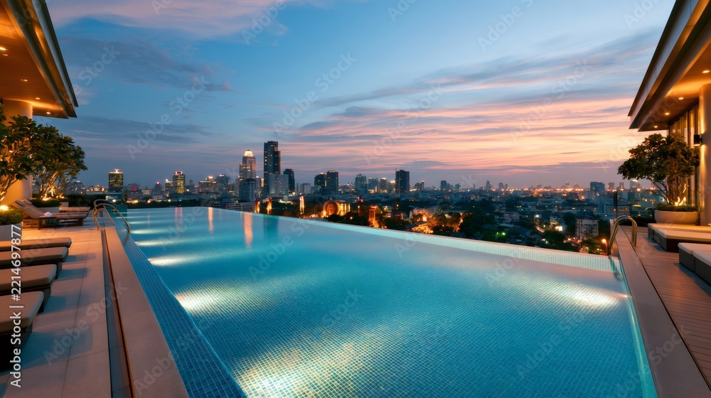 Fototapeta premium Bangkok rooftop infinity pool overlooking city skyline at sunset