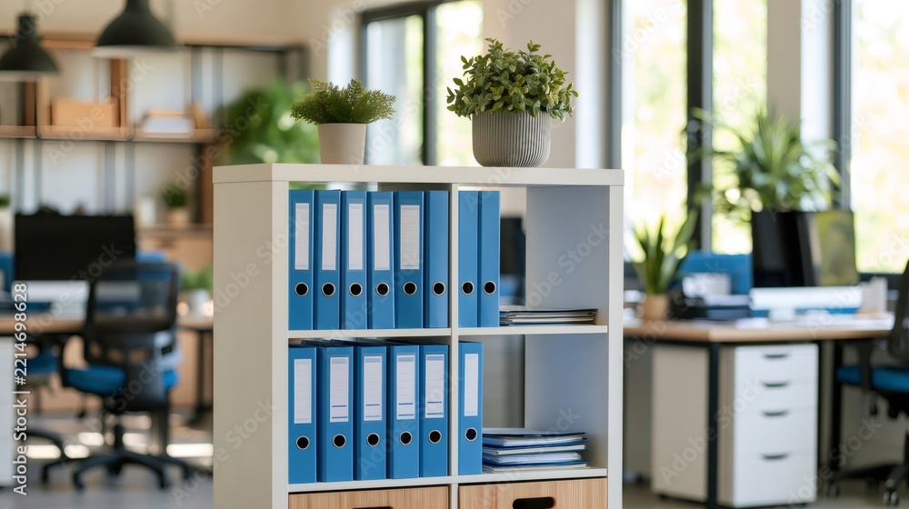 Obraz premium Modern office interior with shelves holding blue binders