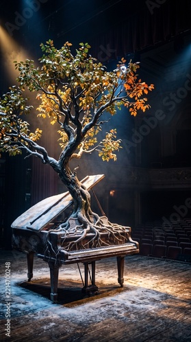 Artistic tree growing through an old grand piano on stage with dramatic lighting