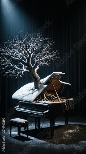 Artistic installation of a snowcovered tree growing from a grand piano on stage