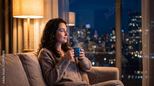 Woman Drinking Hot Tea Looking at Night City View