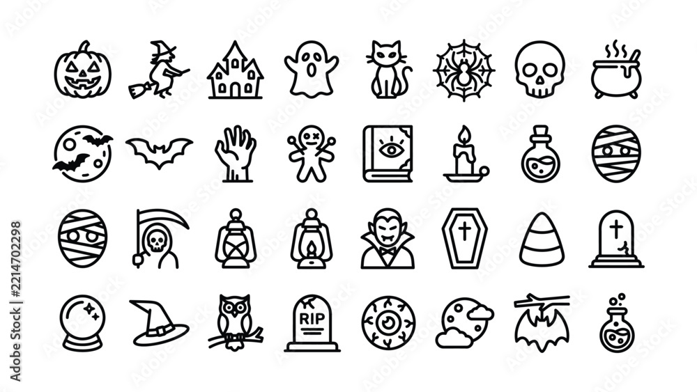 Fototapeta premium A complete set of minimalist black and white Halloween icons for holiday party invitations and designs