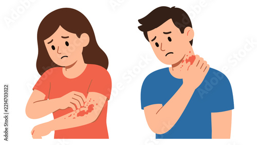 Man and woman scratching itchy skin with red rashes