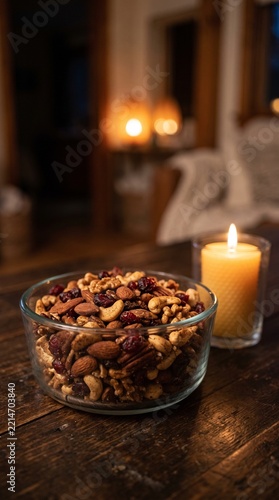 Glass bowl filled with mixed nuts and dried fruits on a wooden table with candlelight