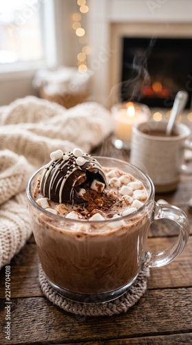 Warm cozy scene with hot chocolate topped with chocolate and marshmallows in a glass mug