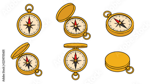 Set of gold pocket compasses with open and closed lids
