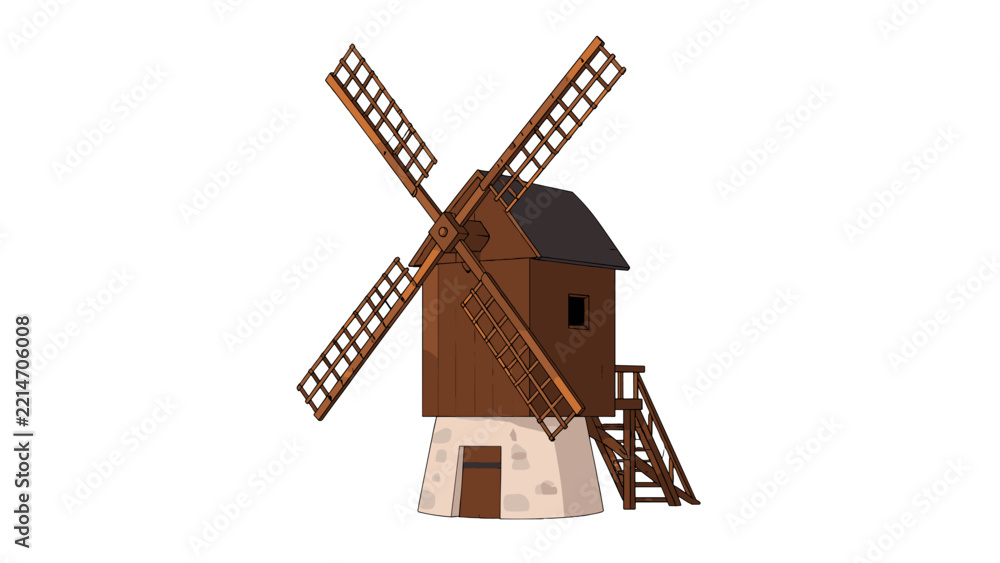 Fototapeta premium Traditional wooden windmill with a stone base and lattice sails
