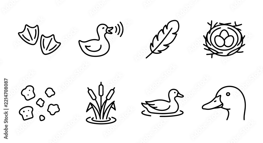 Obraz premium Duck line icon set with footprints, nest, feather and reeds for nature and wildlife apps