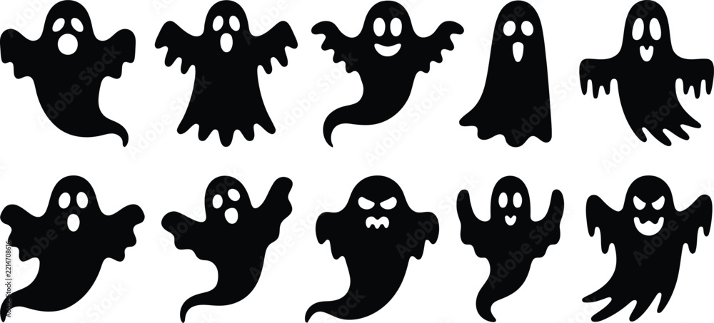 Obraz premium Collection of Halloween Floating Ghost Silhouette Vector Icon set, Spooky Scary Characters for Holiday, Halloween collection silhouette Celebration, Party Decorations and Seasonal Designs