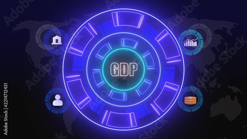HUD elements animation displays gross domestic product data over world map. Economic productivity metrics update on HUD elements. Financial data monitors elements.