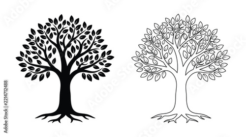 Tree silhouette with dense foliage stands against a white background