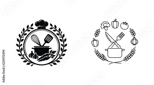 Culinary wreath illustration featuring cooking utensils and produce black on white