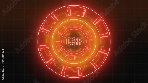 HUD elements animation rotates circular arrows for social policy. Corporate responsibility data routes on HUD elements. Sustainable governance monitors elements.