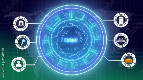 HUD interface animation connects financial investment data icons. Global economic data routes across HUD interface. Commercial telecom systems power interface.