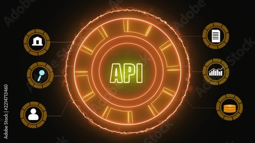HUD interface animation connects software API icons across network. Programming interface data routes on HUD interface. Global server telecom powers interface.