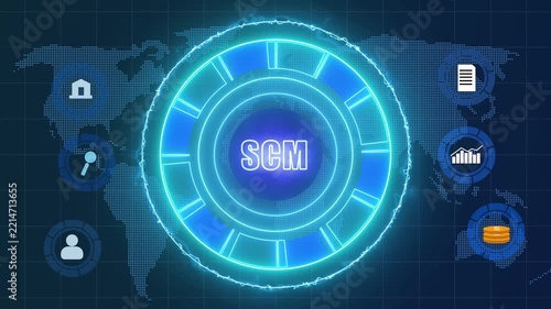HUD interface animation displays supply chain icons across network. Logistics telecom data routes on HUD interface. Global transport systems power interface.