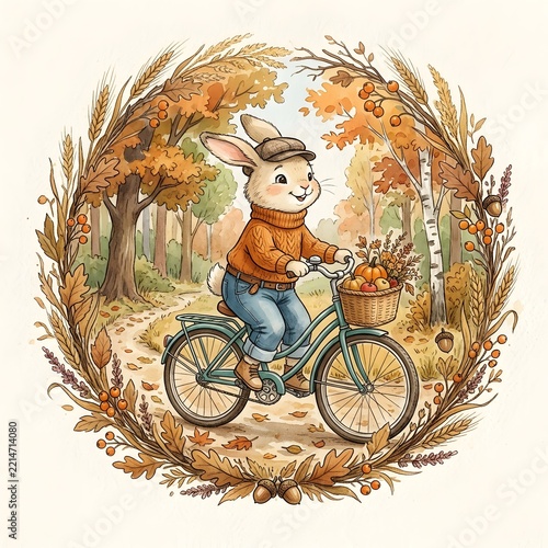 Cute autumn rabbit riding bicycle in forest with fall leaves wreath, watercolor woodland animal illustration