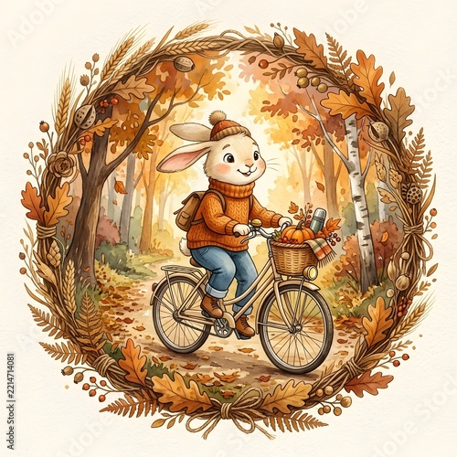 Cute autumn rabbit riding bicycle in forest with fall leaves wreath, watercolor woodland animal illustration