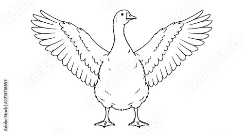 Black outline vector icon of a white goose with wide spread feathered wings and webbed feet, drawn with thin feather lines in symmetrical upright composition emphasizing layered wing plumage