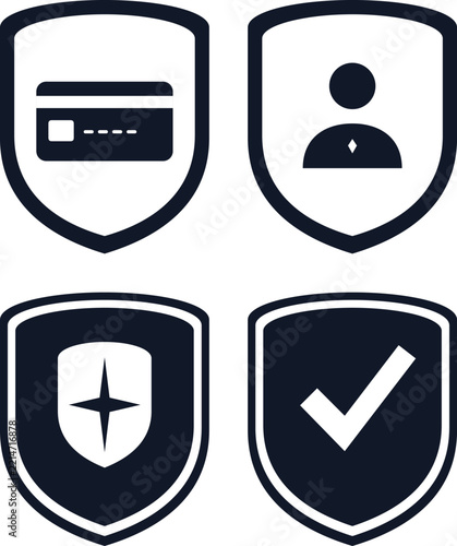 Flat security shield icons, black vector protection symbols for financial data and user privacy, verified safety badges for secure web interfaces