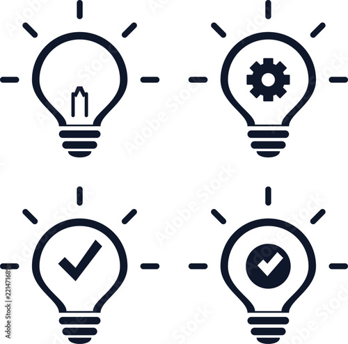 Creative light bulb icons, 4 innovation and brainstorming symbols, business solution and engineering concept vector set for presentations.