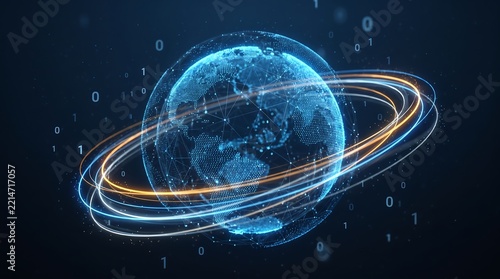 Digital earth globe with orbital light rings and binary code floating.