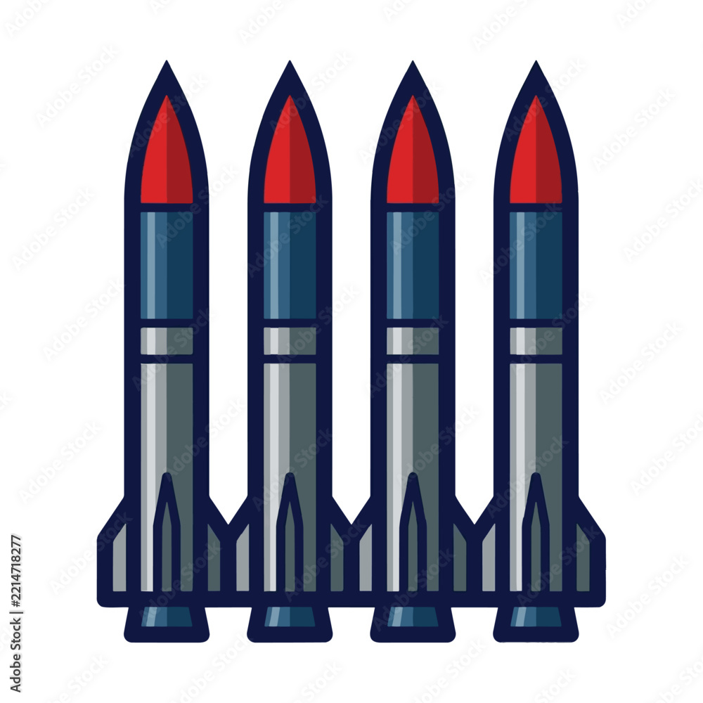 Fototapeta premium Four military missile rockets vector illustration with blue, grey, and red color scheme isolated on white background for defense and war design concepts