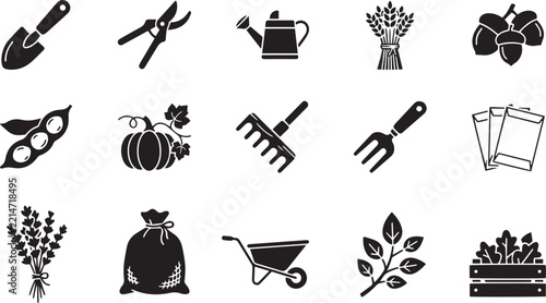 Gardening and Agriculture Icon Set with Farming Tools, Harvest Vegetables, Seed Packets, and Equipment Vector Symbols