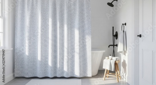 Modern Bathroom with Patterned Shower Curtain Bathtub and White Accents Natural Light