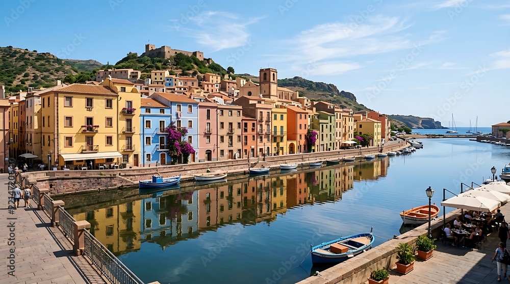 Obraz premium Colorful buildings along the river in Bosa town on the island of Sardinia in Italy during a sunny summer day