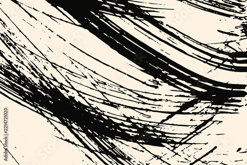 Black Abstract Sweeping Brush Strokes on Beige Horizontal Background, Layered Expressive Paint Marks with Rough Grunge Texture, Dynamic Contemporary Minimalist Graphic Art