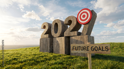 Large 3d numbers 2021 with a target sign and future goals text standing in a beautiful green field
