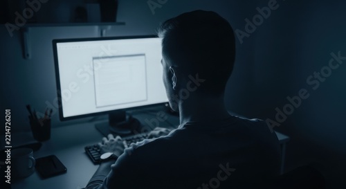 Man working on computer at night late night coding dark room screen light