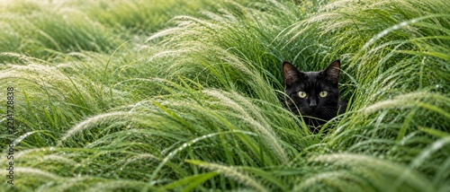 A black cat peeks through dense green grass with dew drops, blending into the lush natural environment.
