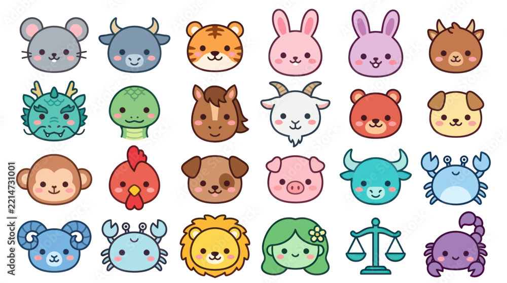 Fototapeta premium Cute animal zodiac icons collection