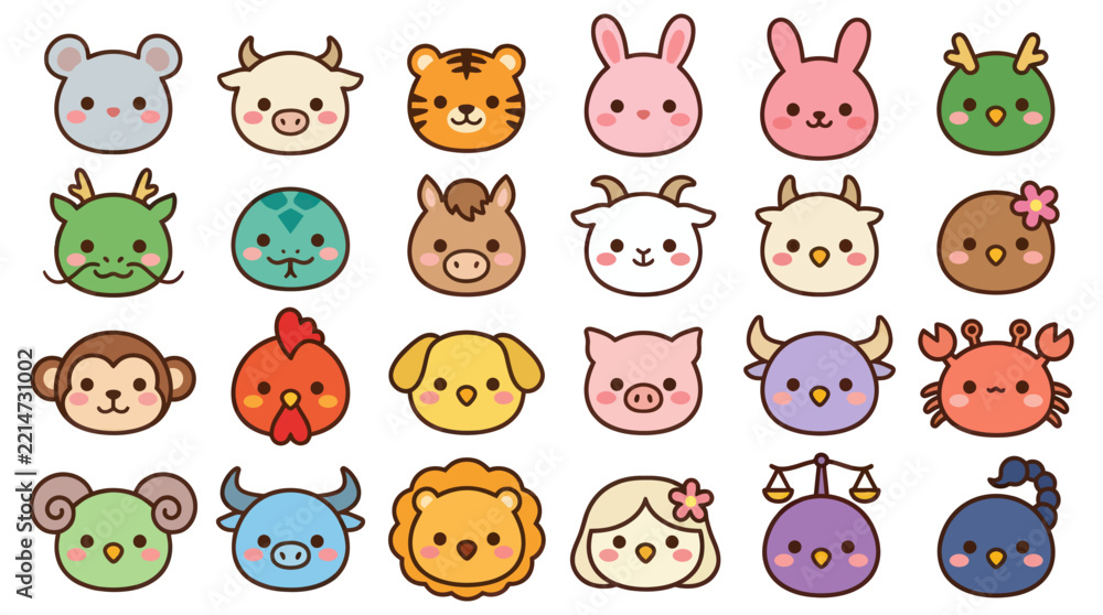Fototapeta premium Cute animal zodiac icons collection