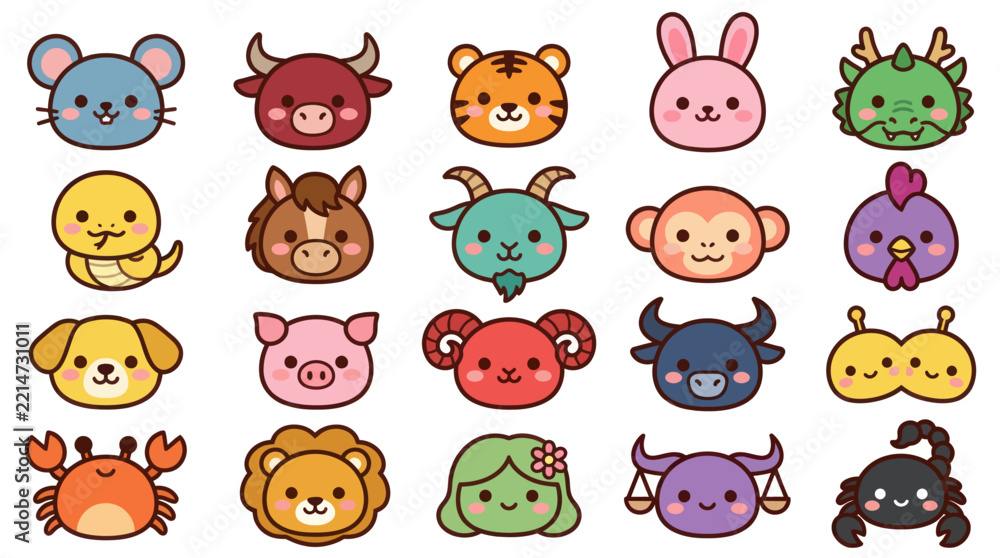 Fototapeta premium Cute animal zodiac icons collection