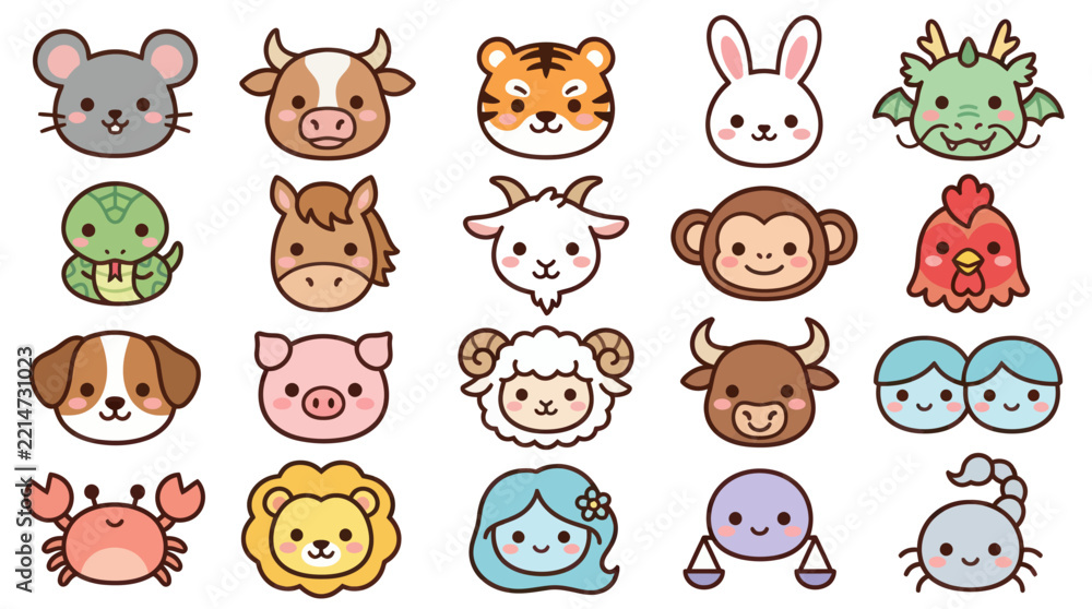Obraz premium Cute animal zodiac icons collection