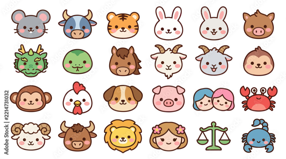 Fototapeta premium Cute animal zodiac icons collection