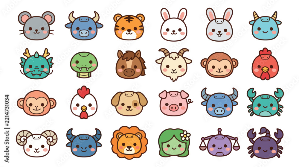 Fototapeta premium Cute animal zodiac icons collection